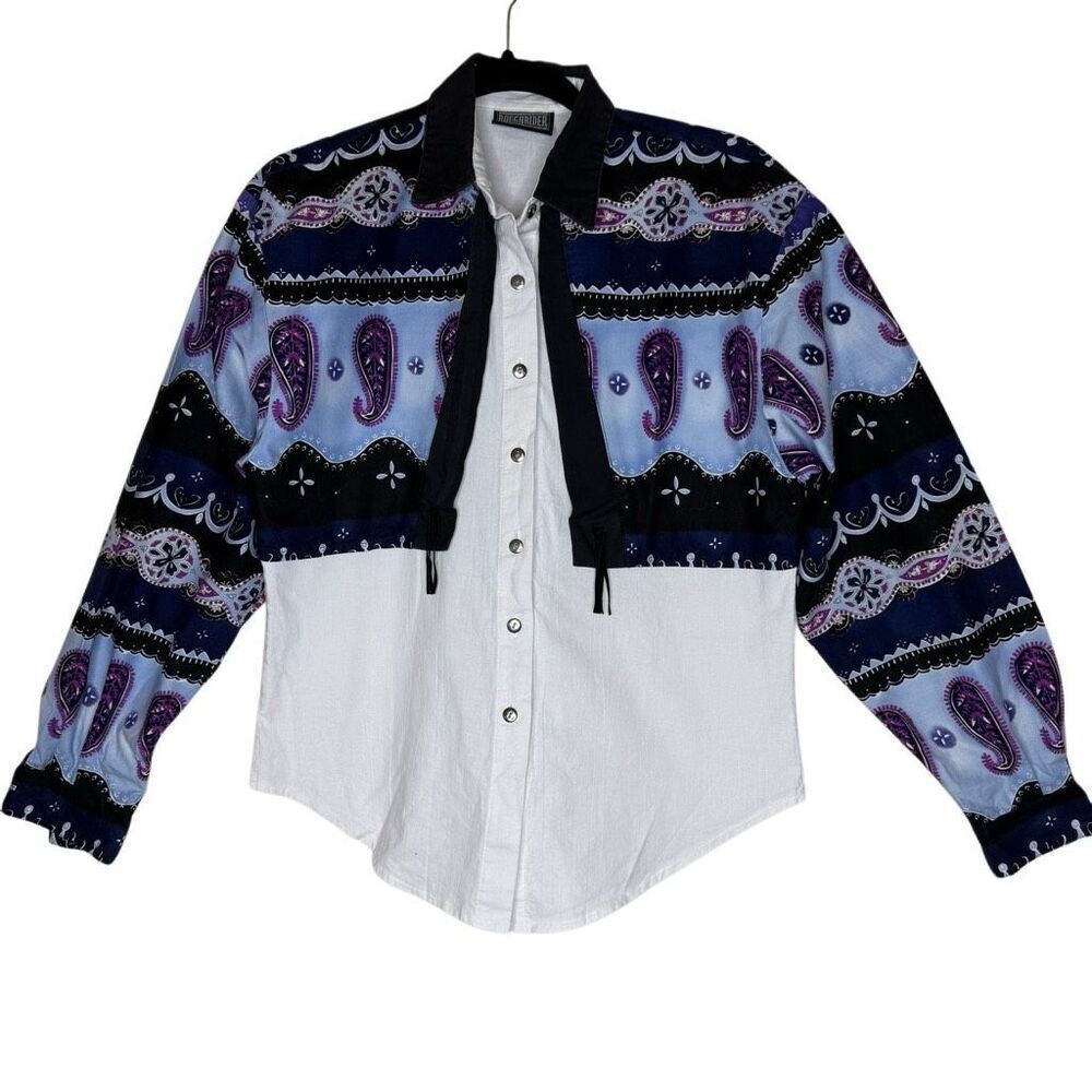 Vintage Roughrider Blouse Blue Paisley & White Button Up Size M Western/Country